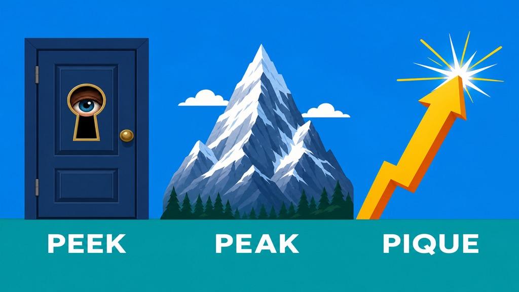 Cartoon illustration showing an eye looking through a keyhole labeled peek, a snowy mountain summit labeled peak, and a rising arrow with a spark labeled pique on a teal background