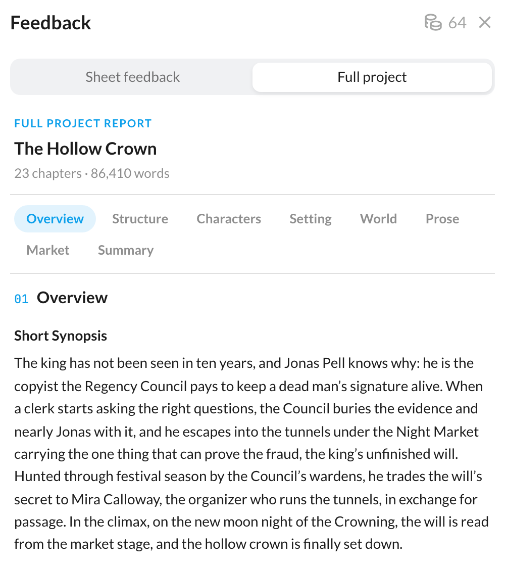 AI feedback on a chapter in ShyEditor