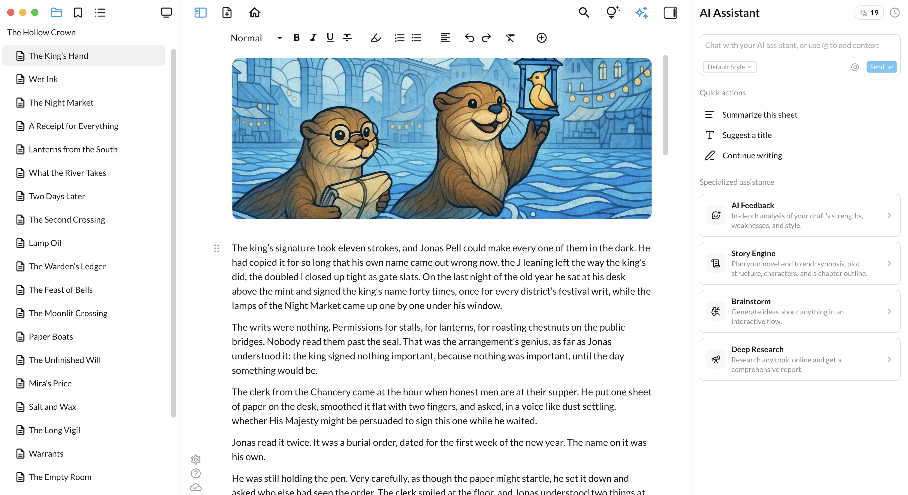 A novel open in ShyEditor with chapters in the binder and the AI assistant panel