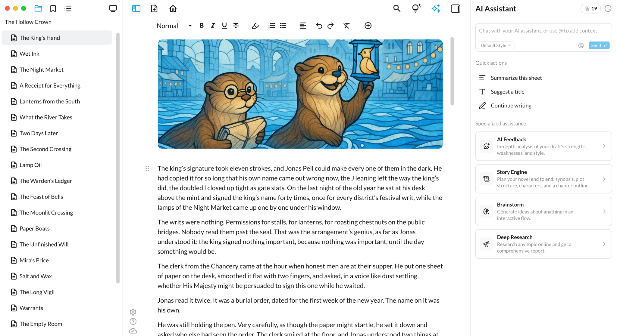 A novel open in ShyEditor with chapters in the binder and the AI assistant panel