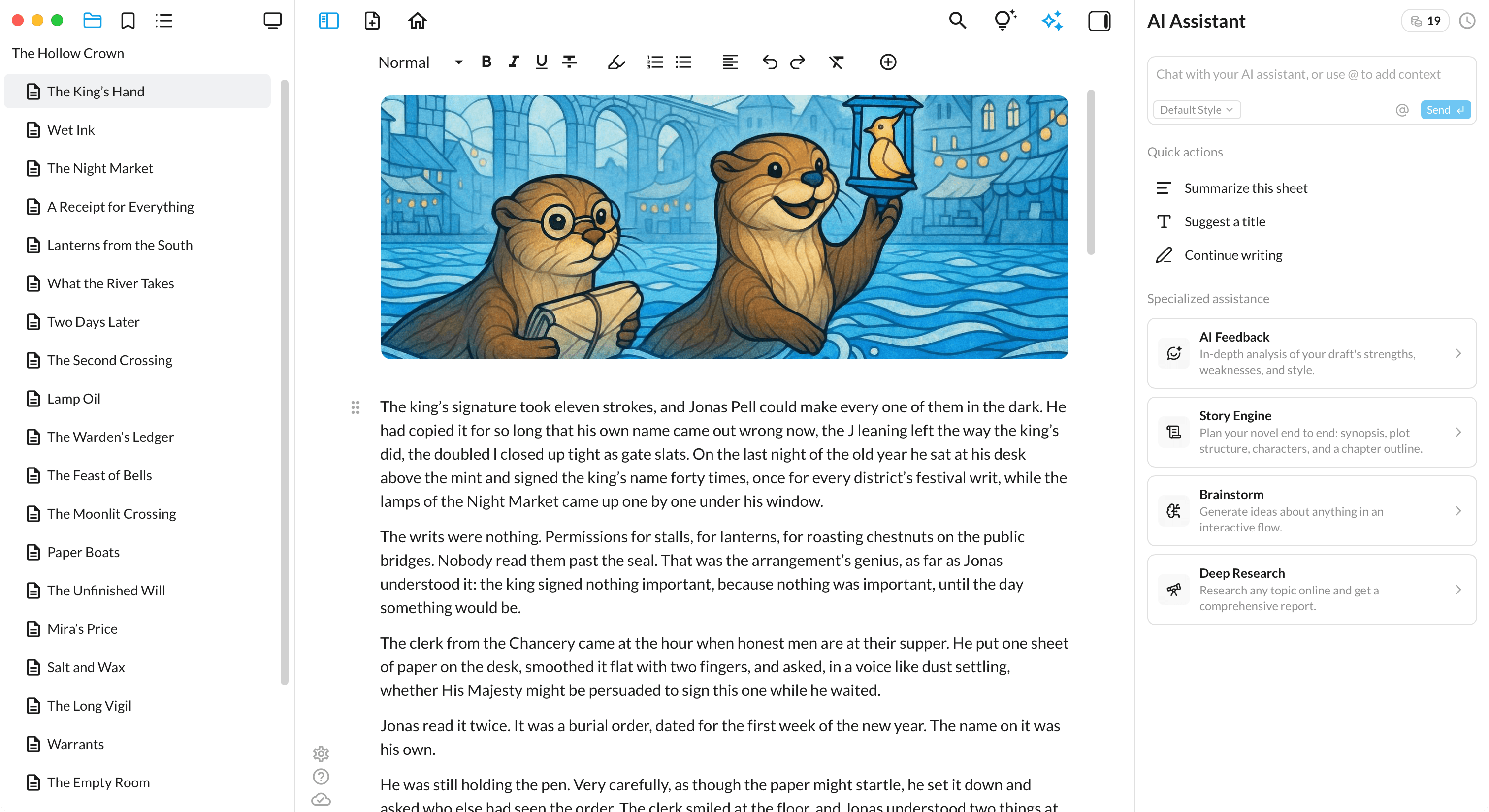A novel open in ShyEditor with chapters in the binder and the AI assistant panel