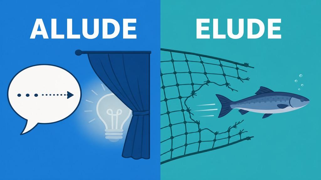 Cartoon illustration showing a speech bubble with a hint pointing to a hidden idea for allude, beside a fish slipping through an open net for elude