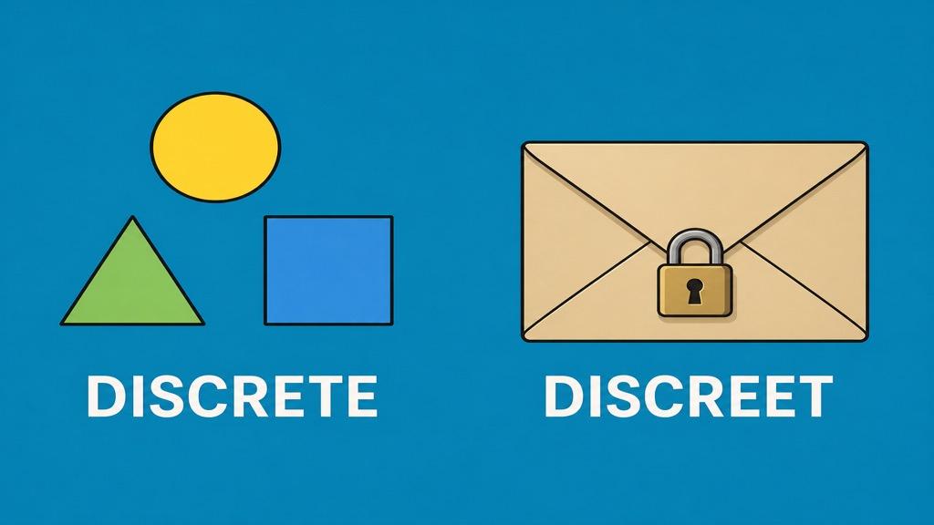 Cartoon illustration showing separate geometric shapes representing discrete and a finger held to lips representing discreet